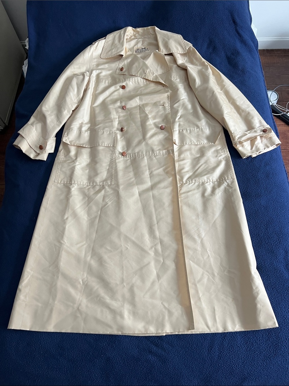 Vintage HERMES Paris double breasted tan trench coat 100% silk w/ wood buttons